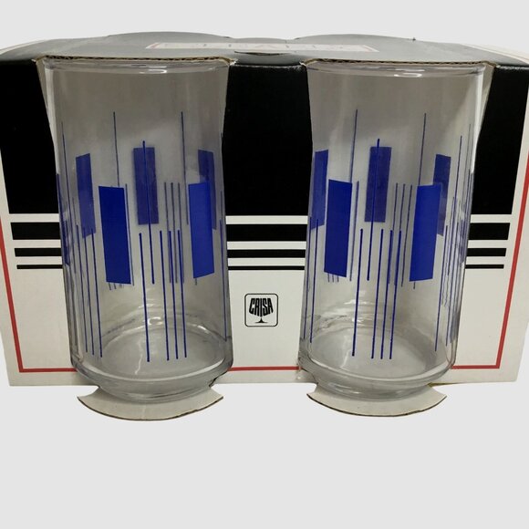 VTG CRISA Clearly Glassware Atomic 12oz Highball 4 w/box NOS Blue Geometric MCM - Picture 2 of 4